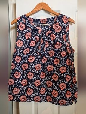 Talbots Navy Floral Shell with Orange And White Pattern
